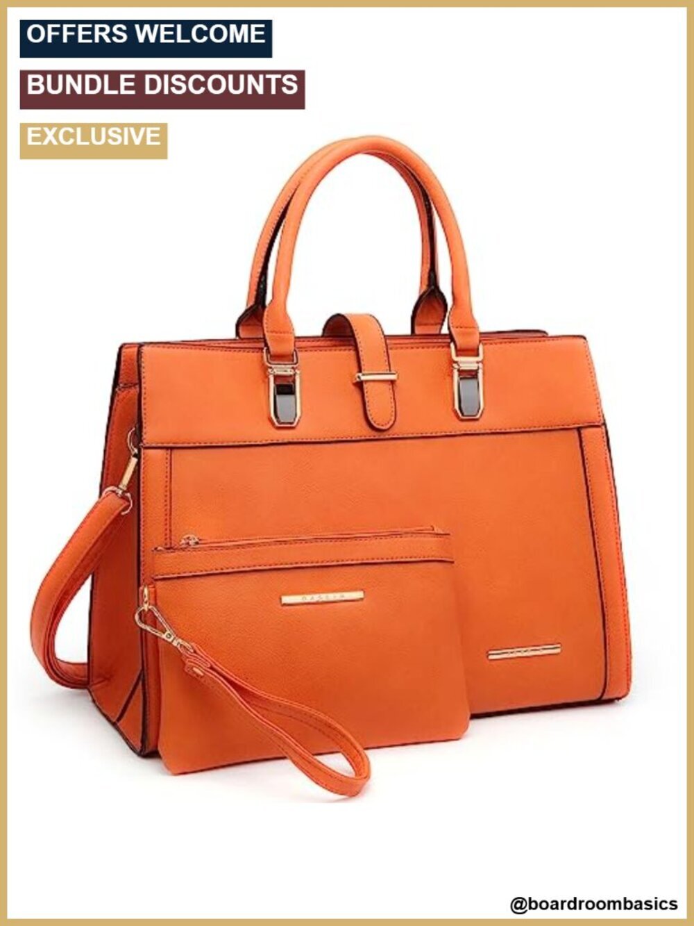 Vegan Leather Belted Satchel Tote with Matching Wristlet, Secure Zipper